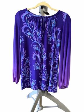 Bob Mackie Purple Floral Tie-Neck Long Sleeve Women's Top
